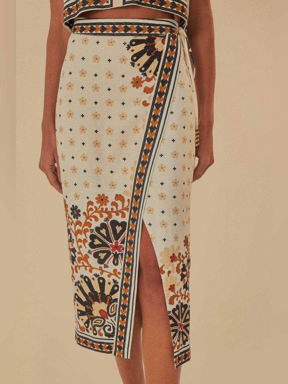 Farm Rio Flower Fan Tapestry Off-White Wrap Midi Skirt size S